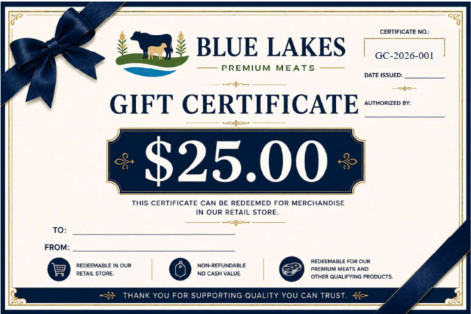 A $25.00 gift certificate from Blue Lakes Premium Meats, featuring a cream background with navy blue ribbon graphics, a cow logo, and text indicating it can be redeemed for merchandise in the retail store.