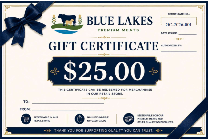 A $25.00 gift certificate from Blue Lakes Premium Meats, featuring a cream background with navy blue ribbon graphics, a cow logo, and text indicating it can be redeemed for merchandise in the retail store.